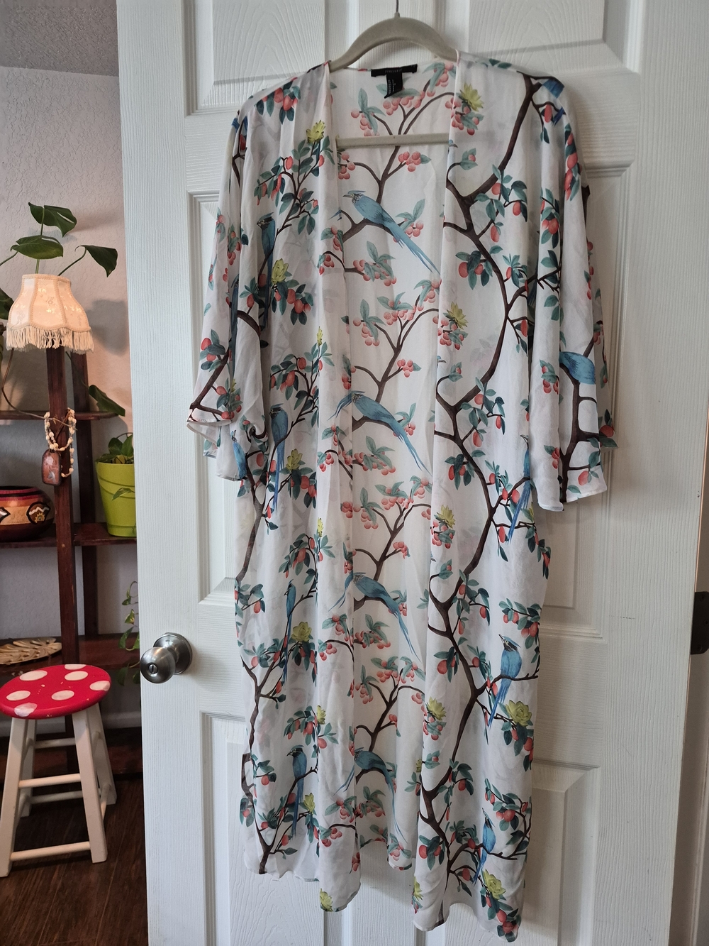 Forever 21 White Sheer Kimono with Coral and Mint Floral Motif